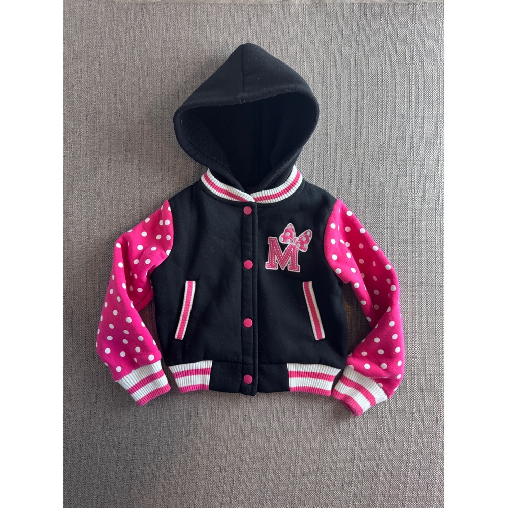 Unik Girl's Polka Dot Hooded Minnie Mouse Varsity Jacket Letterman Size 3